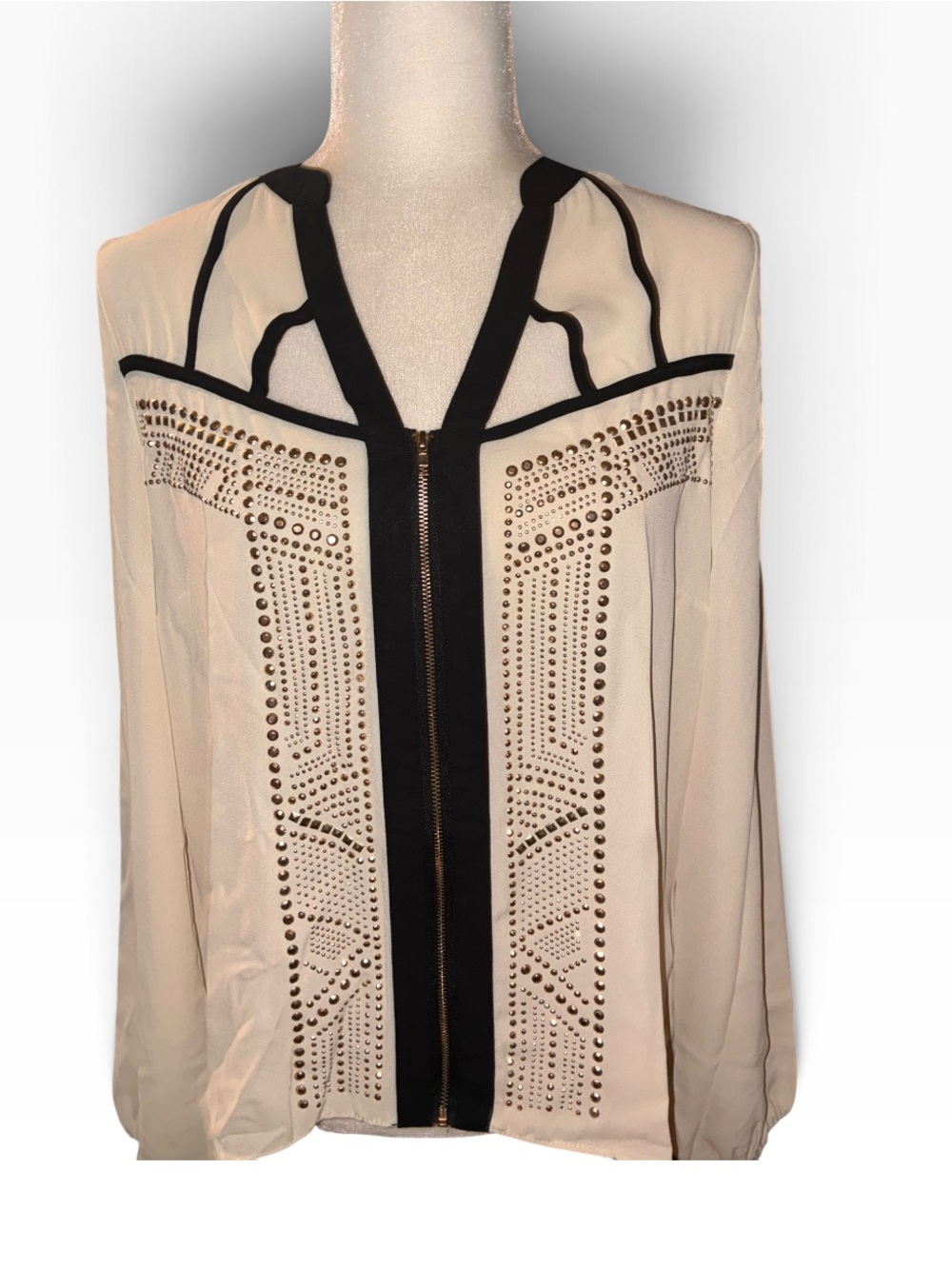 VENUS Cream Blouse with Black Trim and Stud Detailing